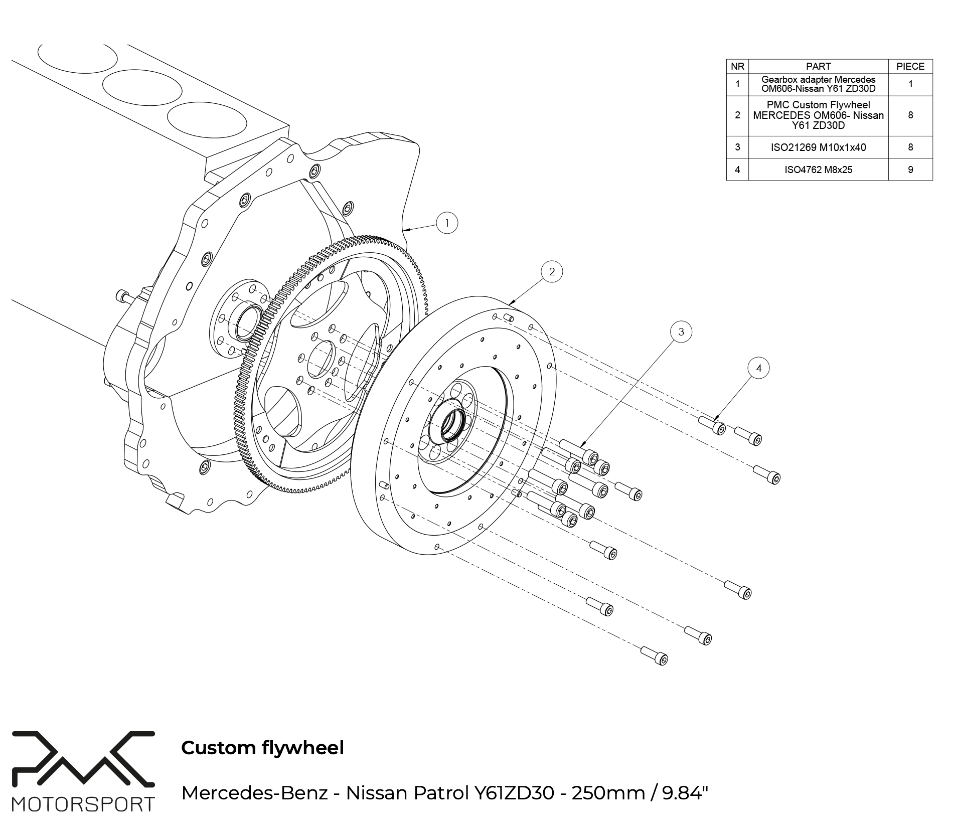 Adaptersæt MB OM606 - Nissan Patrol Y61 ZD30 TD42 - 250mm