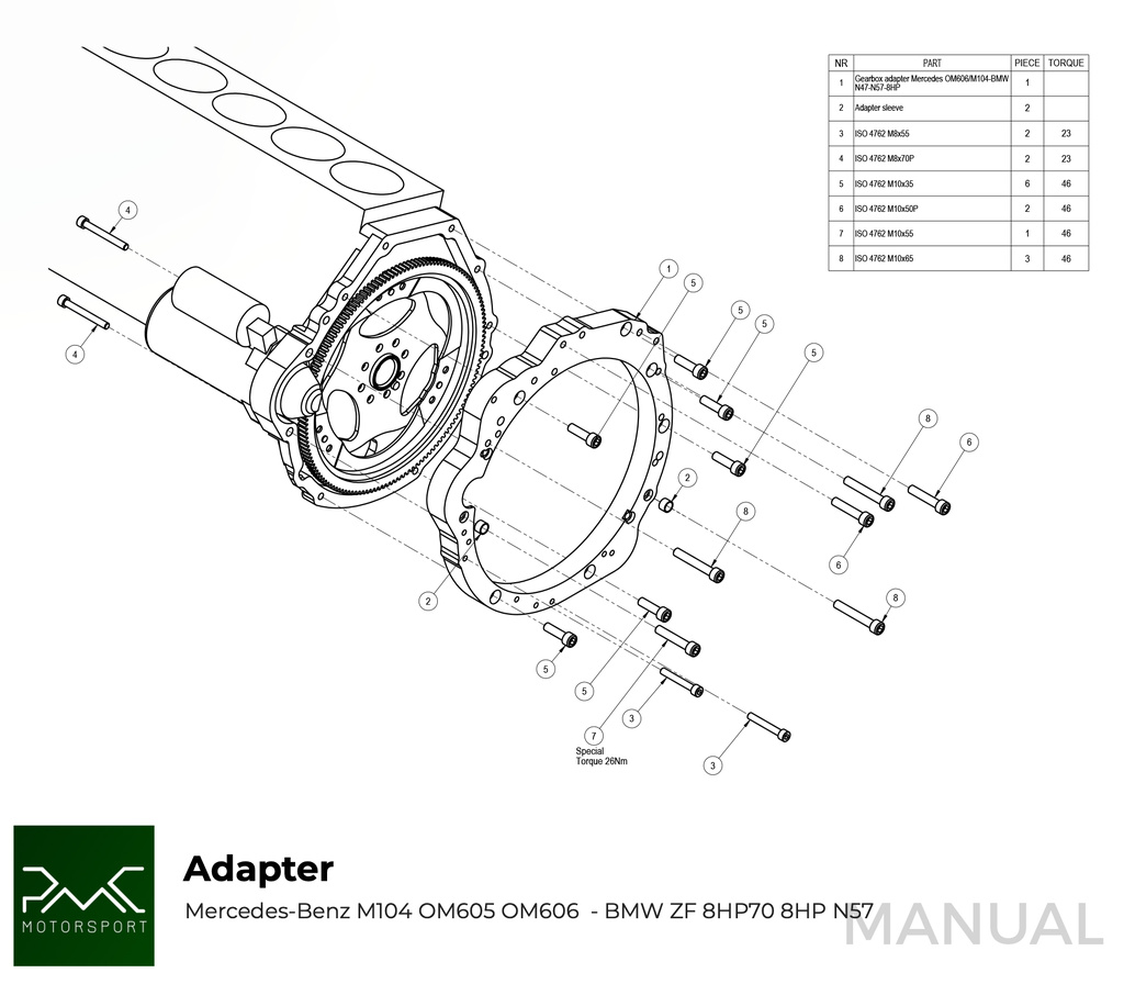 Adapter kit gearkasse Mercedes M104 / OM605 / OM606