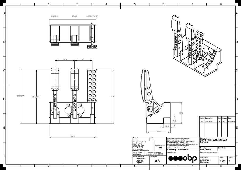 OBP gulvmonteret pedalstativ 3 pedaler 3x hovedcylider V1