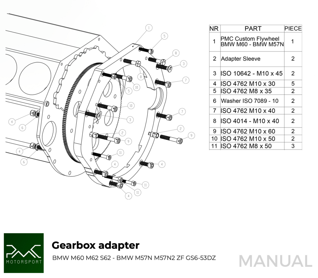 PMC Adapter BMW M62 S62 - BMW M57N HGD JGA - 228mm / 8.98"