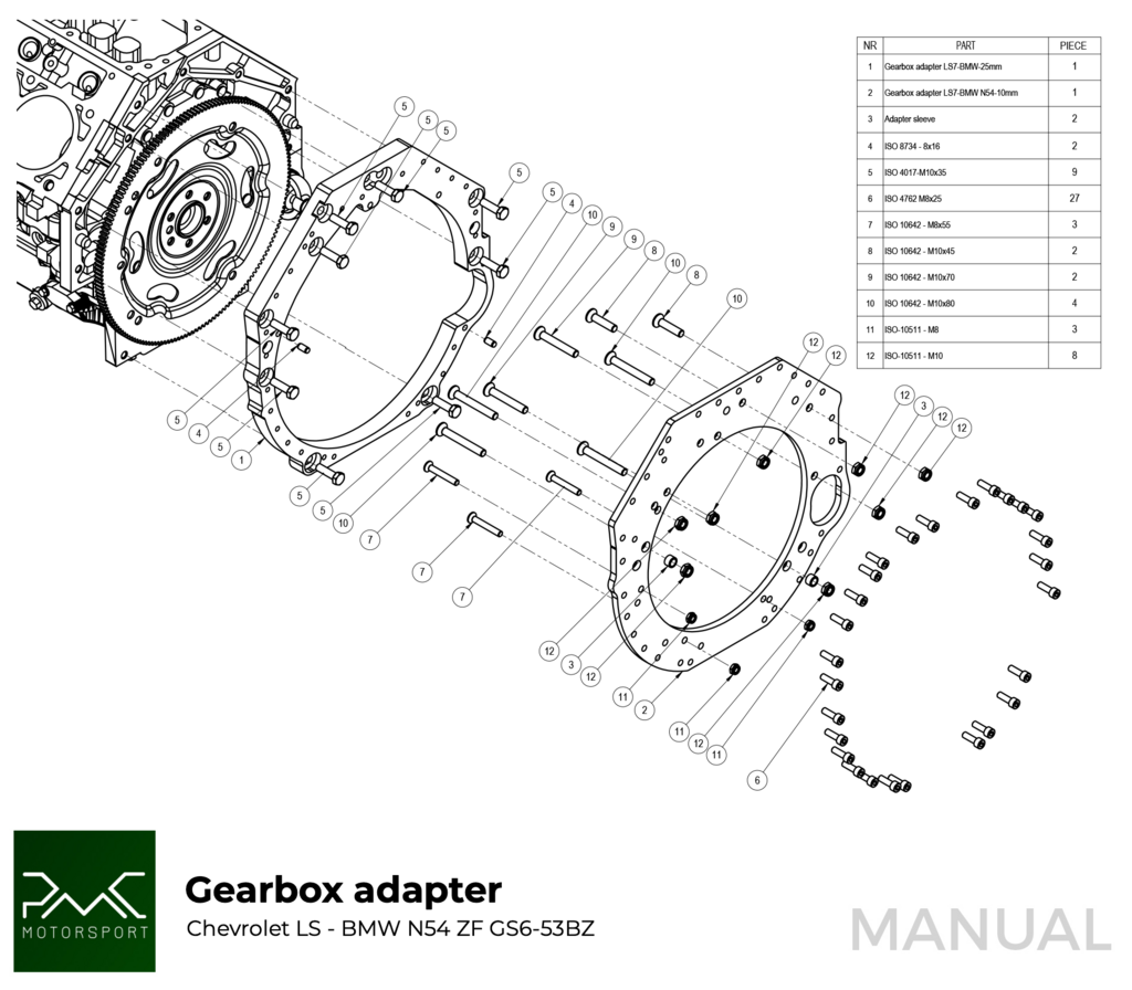 PMC Adapter sæt Chevrolet LS - BMW M57N HGU HGK / BMW N54 - 240mm / 9.45"