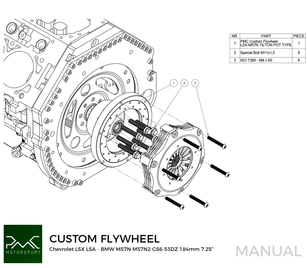 PMC Adapter sæt GM Chevrolet LSX - BMW M57N HGD JGA - 184mm 7.25" (P)
