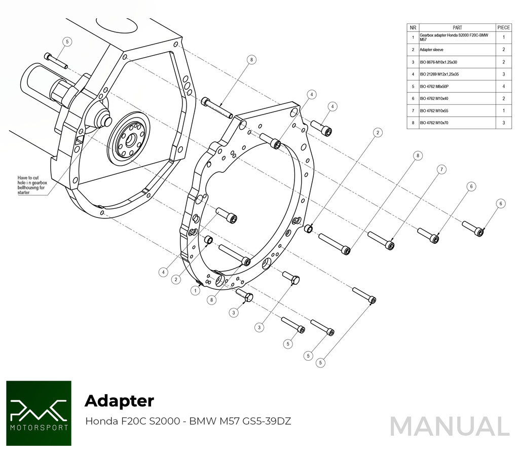 PMC Adapter sæt Honda S2000 - BMW M57 / E46 S54 M3 - 240mm / 9.45"