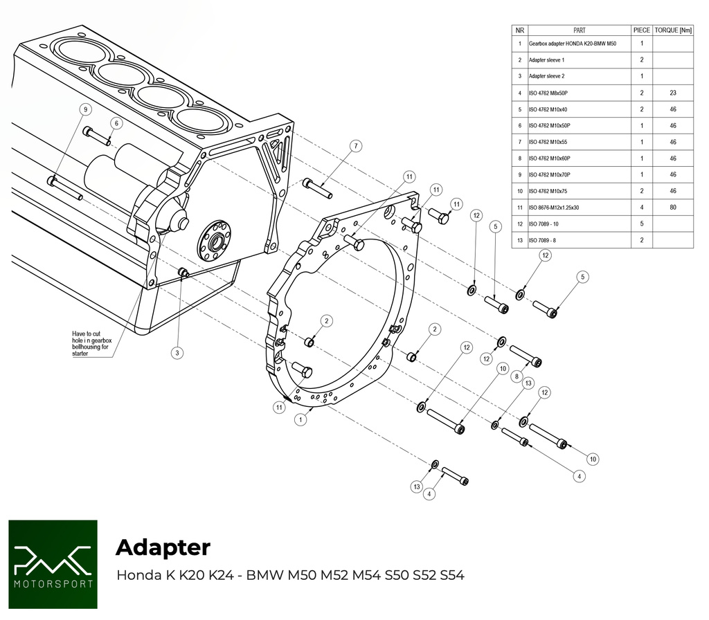 PMC Adapter sæt Honda K - BMW M50 S50 M52 S52 M54 - 240mm / 9.45"