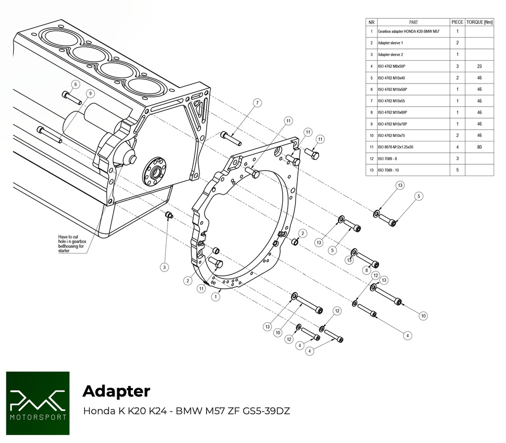 PMC Adapter sæt Honda K - BMW M57 / E46 S54 M3 - 240mm / 9.45"