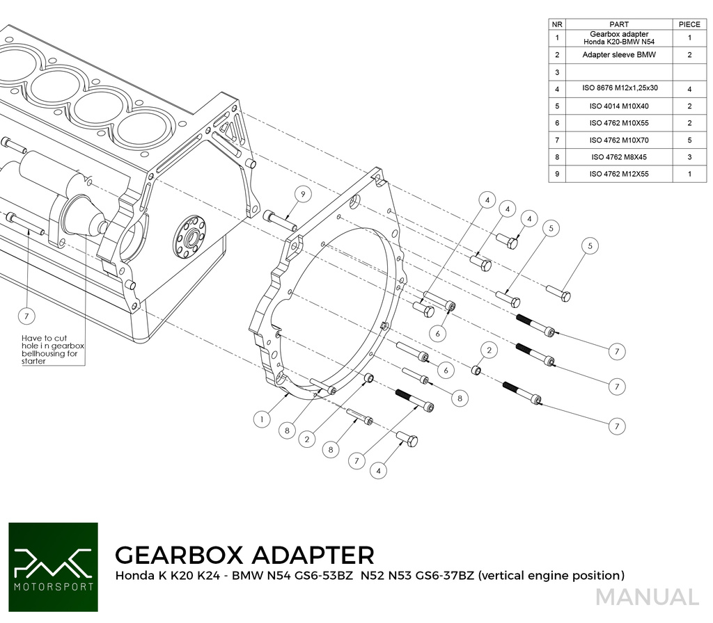 PMC Adapter sæt Honda K - BMW DCT DKG Getrag GS7D36SG Inline-six (V)