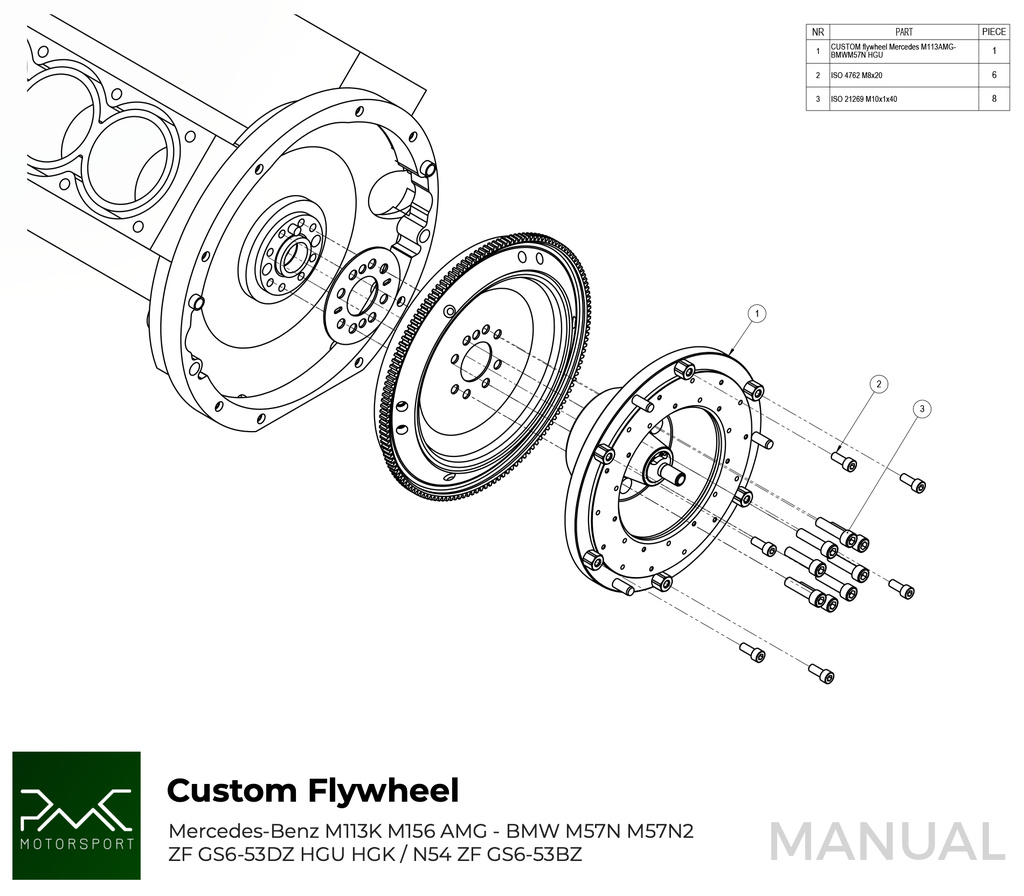 PMC Adapter sæt Mercedes-Benz M113 - BMW M57N HGU HGK / N54 - 240mm / 9.45"
