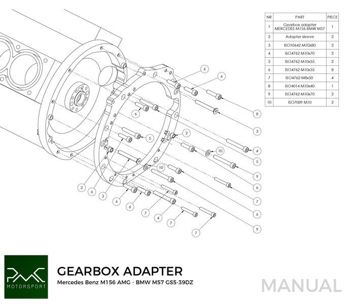 PMC Adapter sæt Mercedes-Benz V8 M156 - BMW M57 / E46 S54 M3 - 240mm / 9.45"