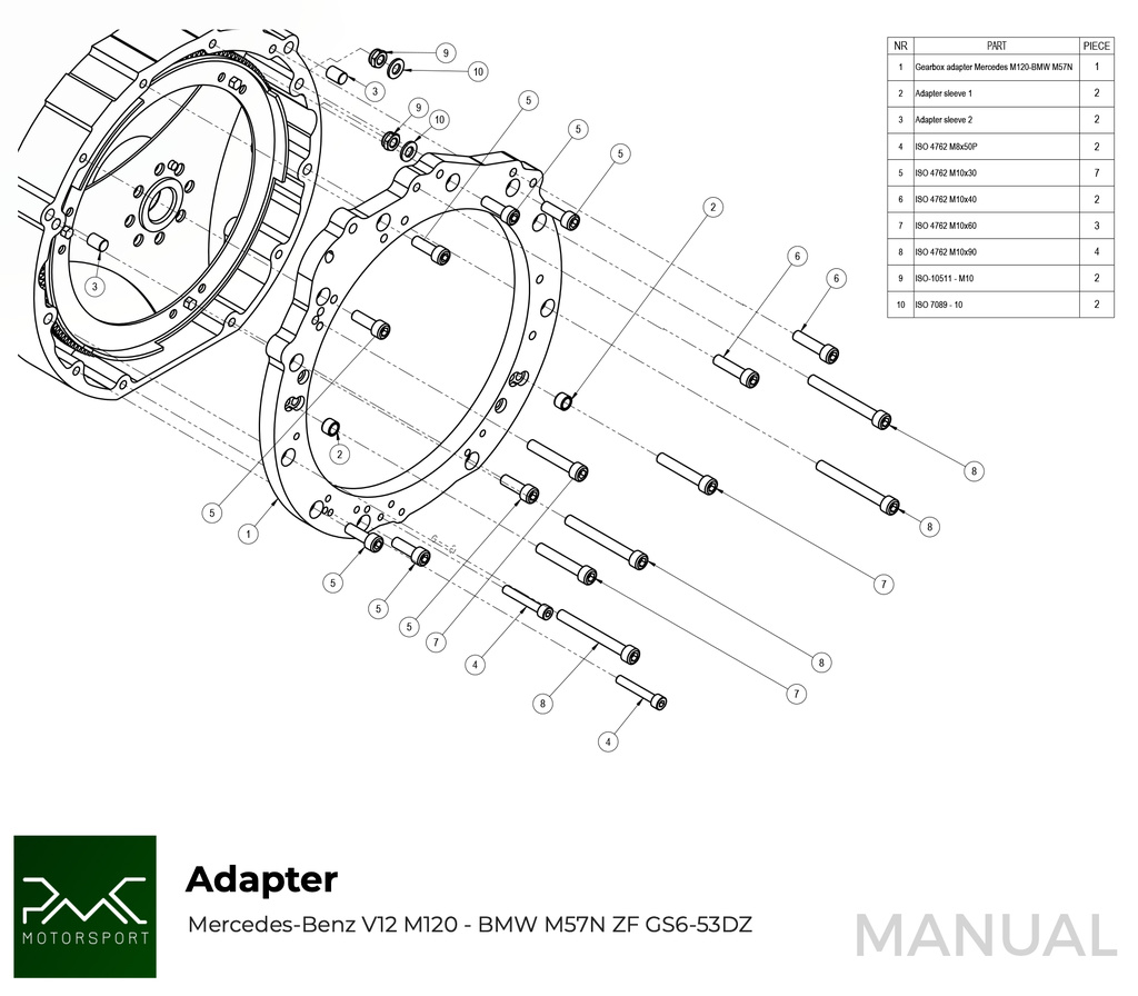 PMC Adapter sæt Mercedes-Benz M120 - BMW M57N HGD JGA - 240mm / 9.45"