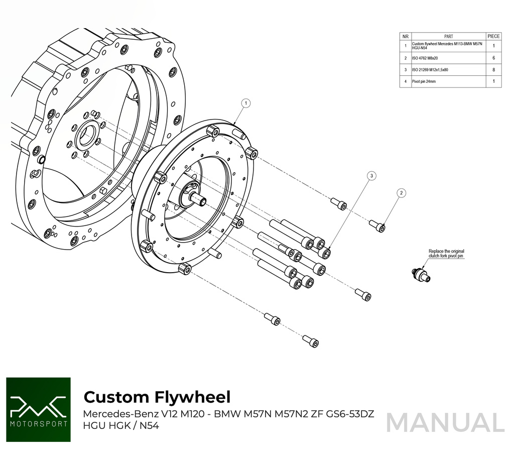 PMC Adapter sæt Mercedes-Benz V12 M120 - BMW M57N HGU HGK / N54 - 240mm / 9.45"