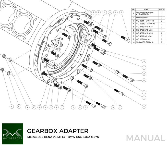 PMC Adapter sæt Mercedes-Benz M113 - BMW M57N HGU HGK / N54 - 240mm / 9.45"