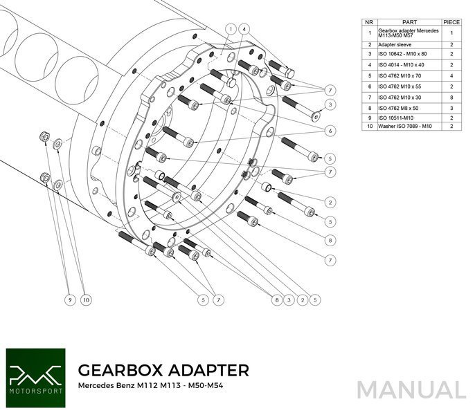PMC Adapter sæt Mercedes-Benz M113 - BMW M50 S50 M52 S52 M54  - 184mm / 7.25"
