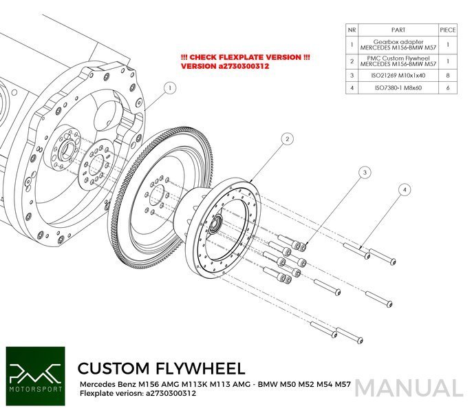 PMC Adapter sæt Mercedes-Benz M113 - BMW M50 S50 M52 S52 M54  - 184mm / 7.25"