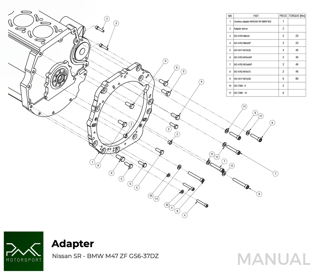 PMC Adapter sæt Nissan SR - BMW M57N2 HGD JGA - 240mm / 9.45"