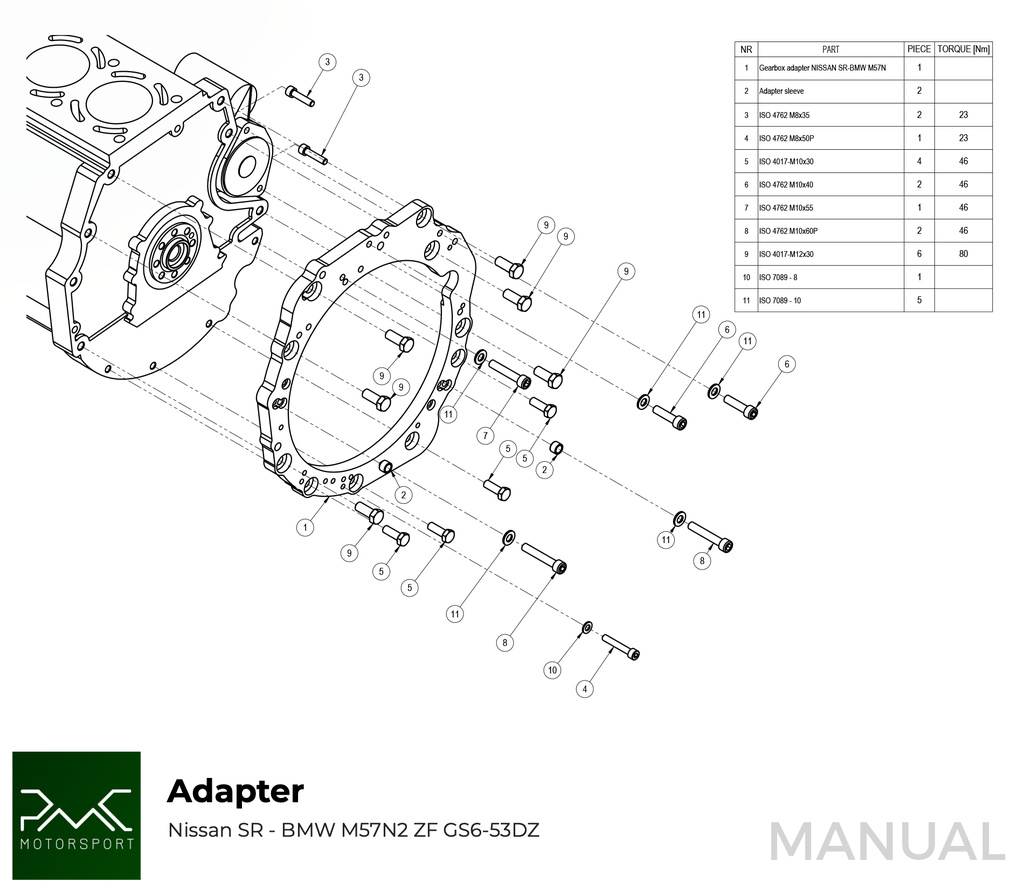 PMC Adapter sæt Nissan SR - BMW M57N2 HGD JGA - 240mm / 9.45"