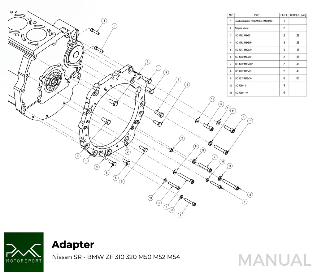 PMC Adapter sæt Nissan SR - BMW M57 / E46 S54 M3 - 240mm / 9.45"