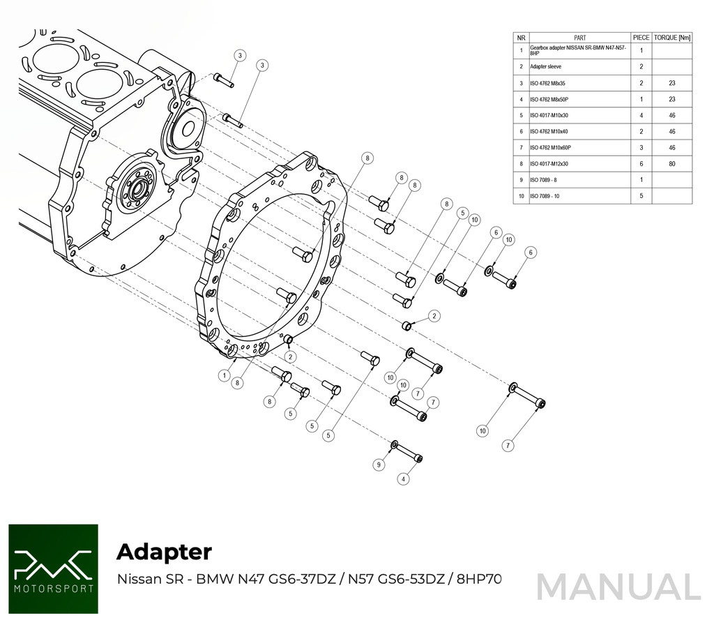 PMC Adapter sæt Nissan SR SR20 - BMW ZF 8HP70 N57 N57N  / ZF 8HP50 B58