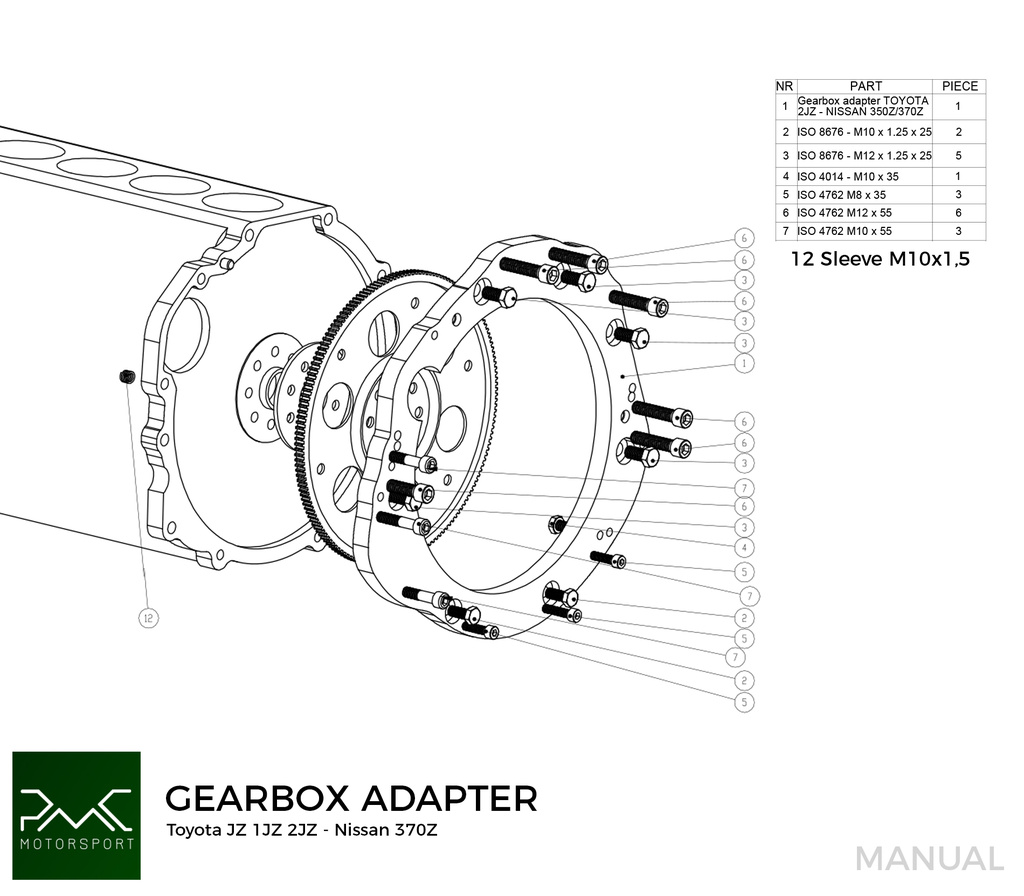 PMC Adapter sæt Toyota JZ 1JZ 2JZ - Nissan 350Z Z33 370Z Z34 CD009 - 184mm / 7.25"