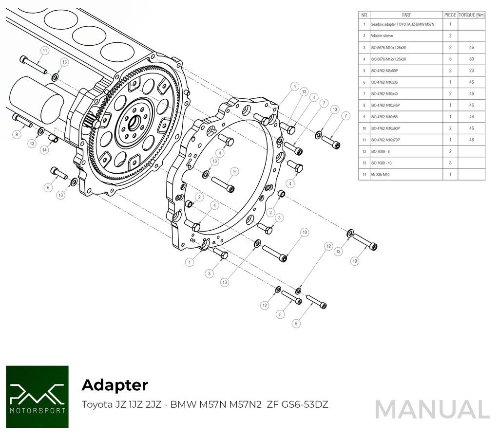 PMC Adapter sæt Toyota JZ - BMW M57N HGD JGA HGA - 184mm / 7.25" (P)