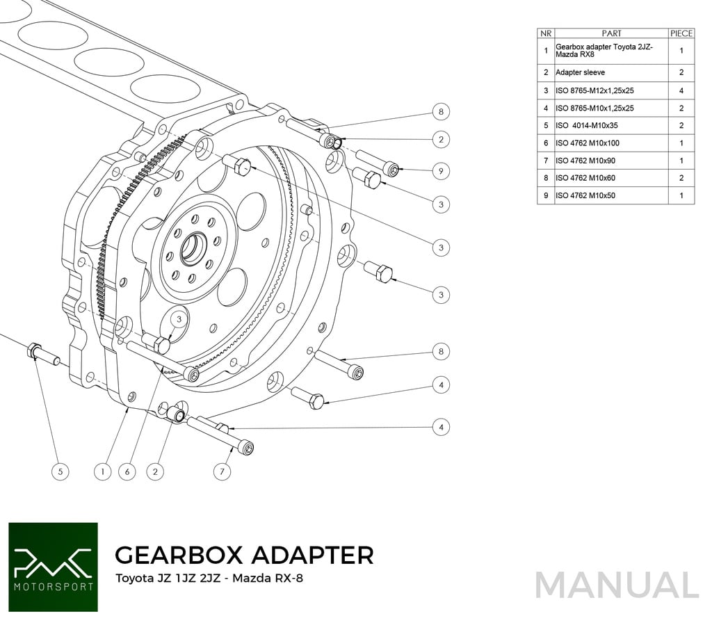 PMC Adapter sæt Toyota JZ - Mazda RX-7 FD - 240mm / 9.45"