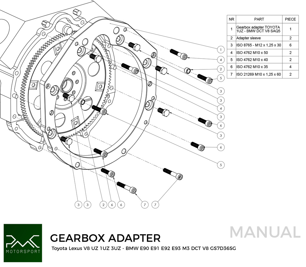 PMC Adapter sæt Toyota UZ - BMW DCT DKG Getrag GS7D36SG V8 (H)