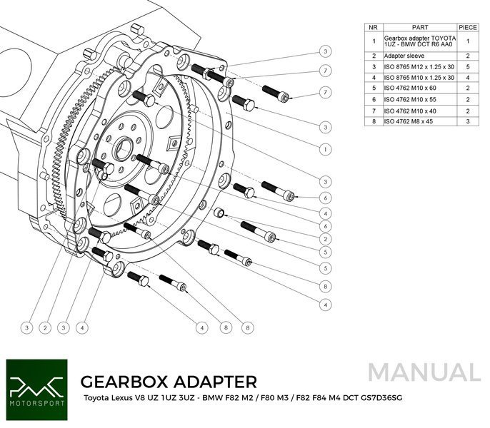 PMC Adapter sæt Toyota UZ - BMW DCT DKG Getrag GS7D36SG Inline-six (H)