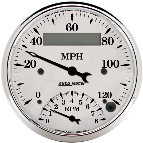 3-3/8" Tachometer/Speedometer Combo, 8k Rpm/120 Mph, Old-Tyme White