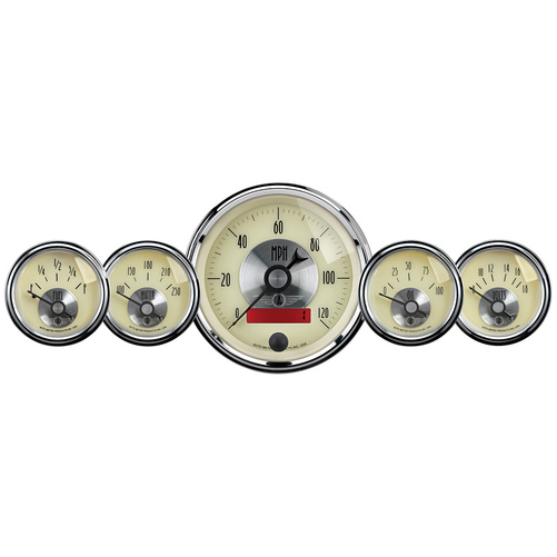 5 Pc. Gauge Kit, 3-3/8" & 2-1/16", Elec. Speedo W/Lcd Odo, Prestige Antq. Ivory