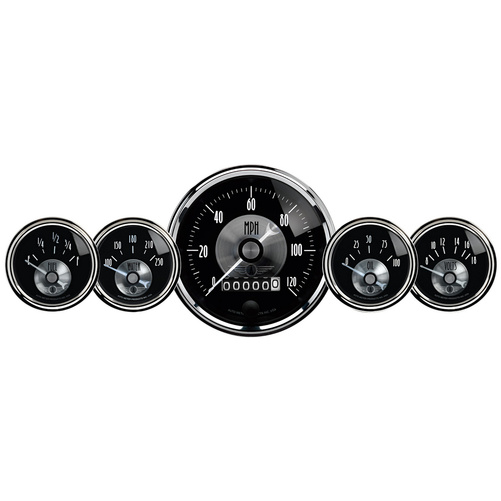 5 Pc. Gauge Kit, 3-3/8" & 2-1/16", Elec. Speedo W/Wheel Odo, Prestige Blk. Diamond