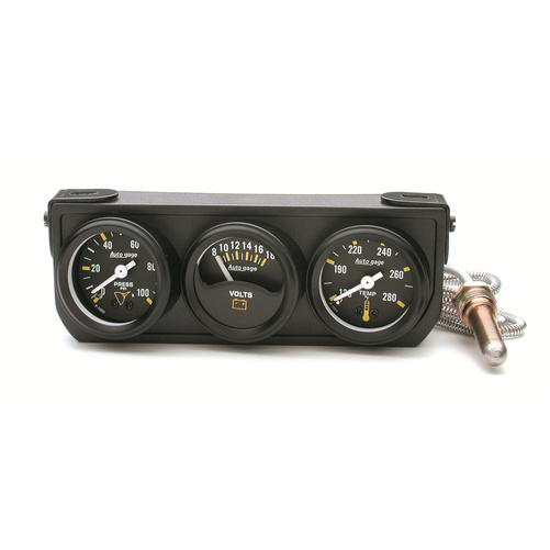 Gauge Console, Oilp/Wtmp/Volt, 1.5", 100 Psi/280 °F/18v, Mech Blk Dial, Blk Bzl, Ag