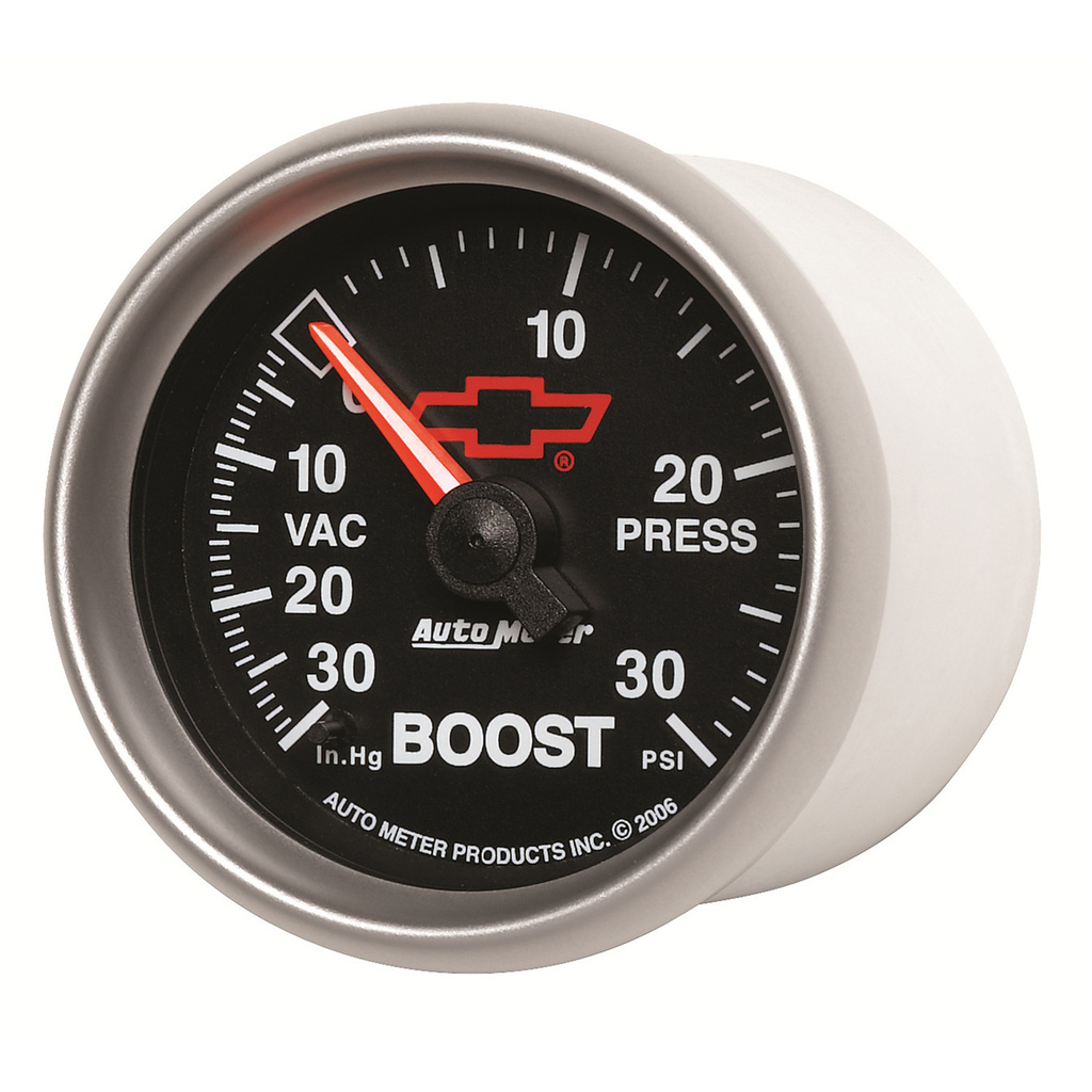 2-1/16" Boost/Vacuum, 30 In Hg/30 Psi, Chevy Red Bowtie, Black