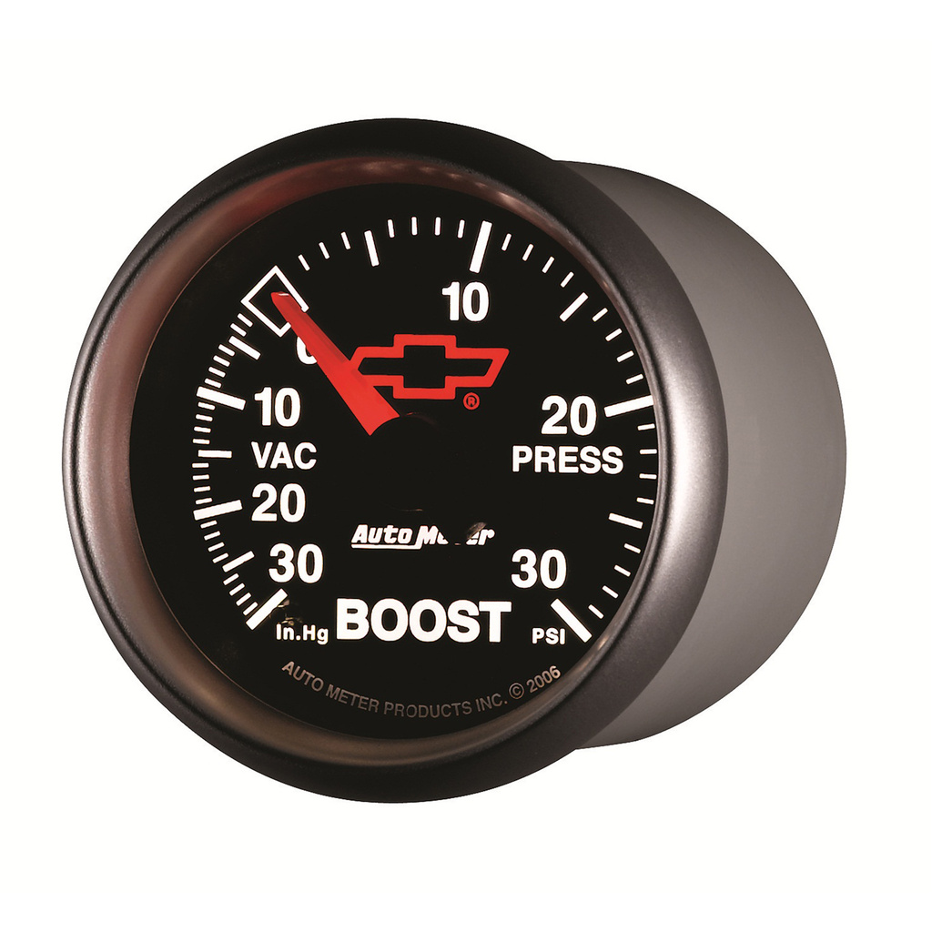 2-1/16" Boost/Vacuum, 30 In Hg/30 Psi, Chevy Red Bowtie, Black