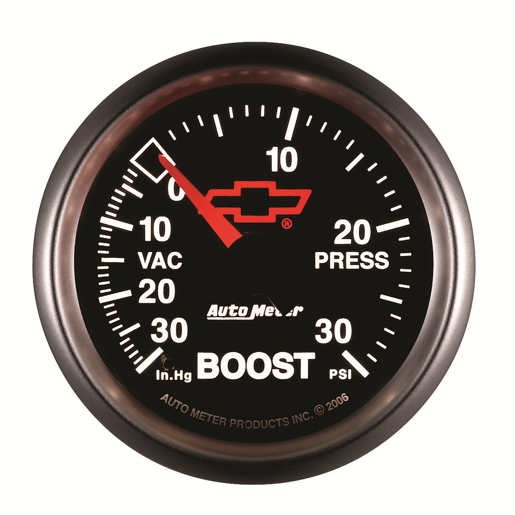 2-1/16" Boost/Vacuum, 30 In Hg/30 Psi, Chevy Red Bowtie, Black