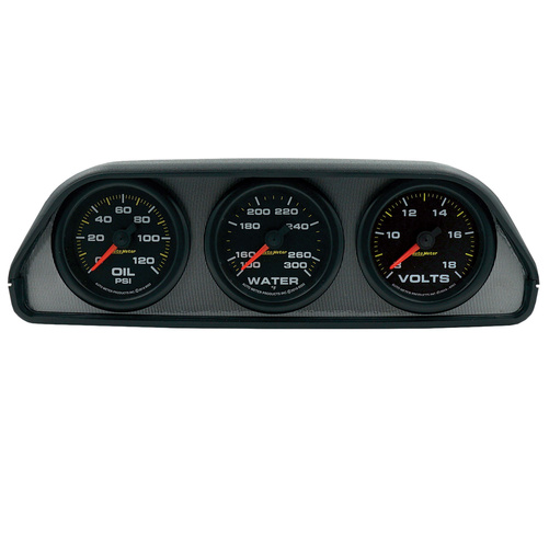 Gauge Kit, Dash Pod Mount, Oilp/Wtmp/Volt, 2-1/16", 100psi/300ºf/18v, Blk Dial, Blk Bzl, Eeg