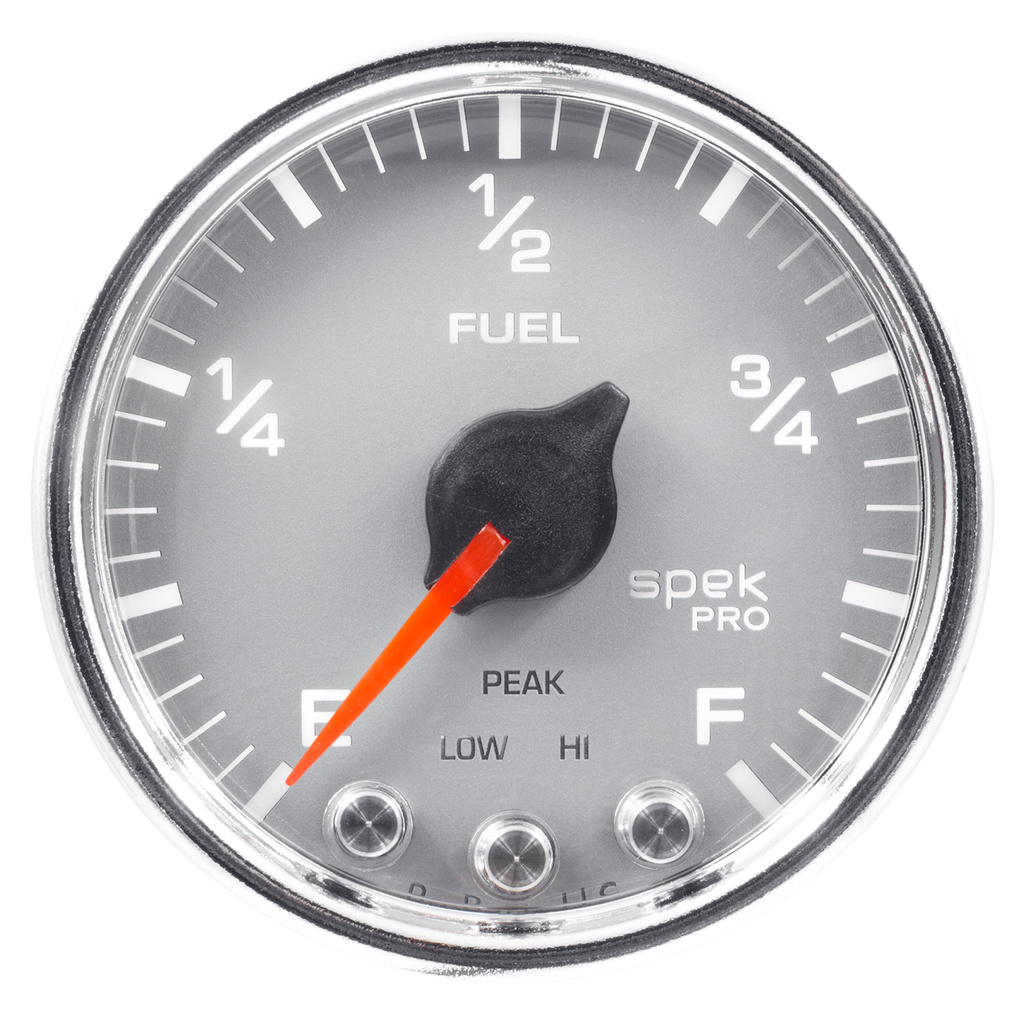 2-1/16" Fuel Level, Programmable 0-300 Ω, Spek-Pro, Silver/Chrome